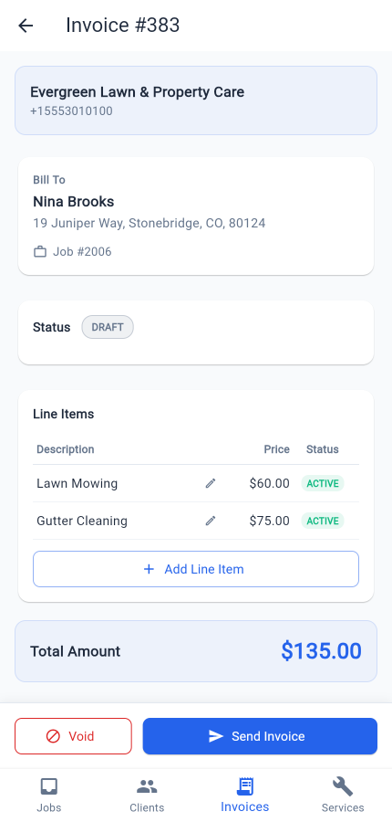 An auto-drafted invoice ready to review and send