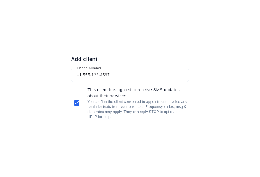The required SMS consent checkbox shown when an operator adds a client's phone number in the Mour app